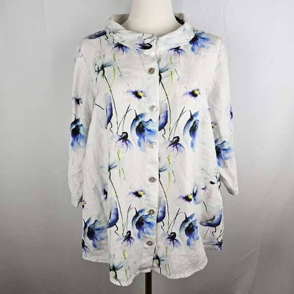 Mario Romano Linen Top Medium Floral Button-Up Made In Italy - Picture 4 of 10